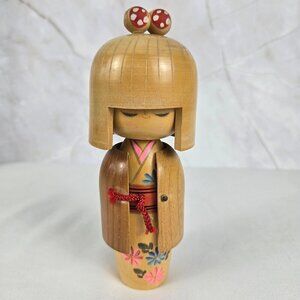 Vintage Japanese Kokeshi Wooden Doll Traditional Clothing Style Bow on Her Head